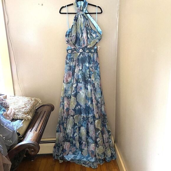 Mac Duggal Floral Halter Cut Out Evening Gown Beaded Belt Ruffle Dress Sz 12 NWT - Picture 5 of 9